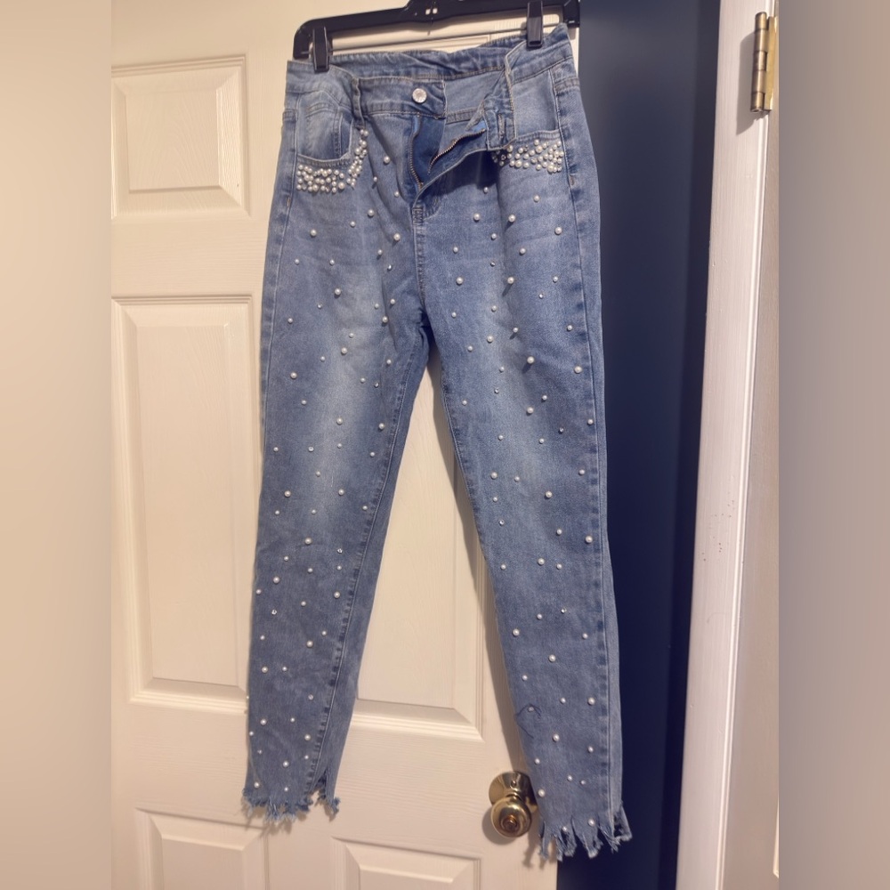 Women's Blue Pearl Embellished Jeans